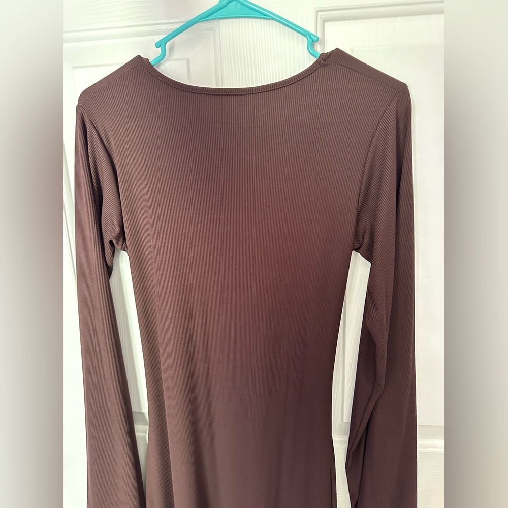 SHEIN woman causal round neck body con long flare sleeves back tie brown dress